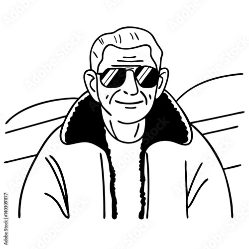 Cool Man with Sunglasses in Soft Jacket Retro Style Vector Illustration for Tattoos and Design