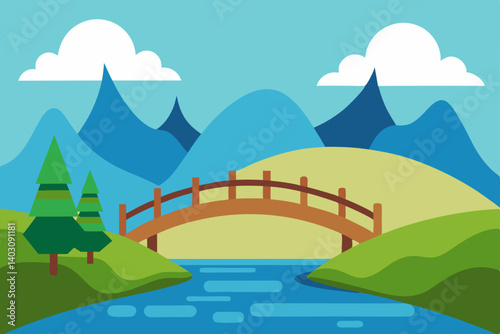 A charming vector illustration of a summer rural landscape with a house, green trees, and blue sky