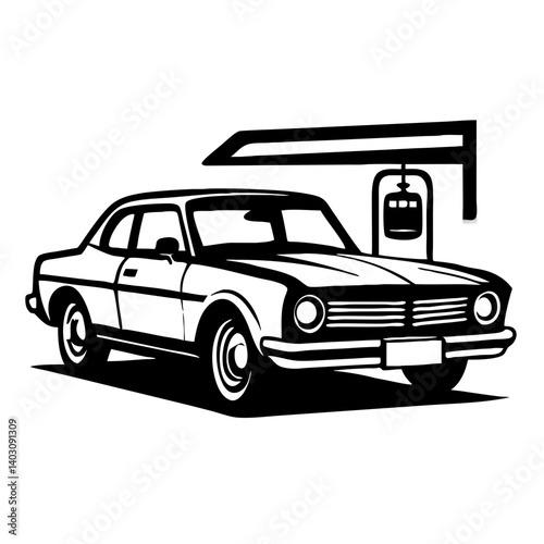 Classic Car at Retro Gas Pump Vintage Vector Illustration for Automotive Design Projects