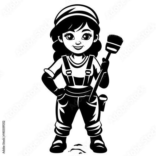 Cheerful Young Girl Painter Holding Paintbrush in Overalls for Creative Projects