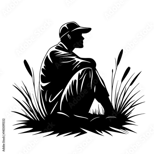 Silhouette of a Contemplative Man Sitting Among Tall Grasses Ideal for Creative Projects