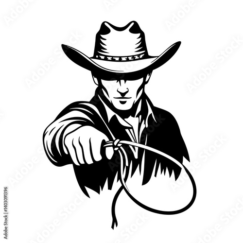 Cowboy Roper Illustration with Lasso Ready for Adventure Perfect for Apparel or Tattoo Designs
