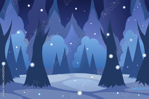 Sure, here's the sentence you requested:

A festive blue winter landscape illustration of a snowy forest with trees, perfect for Christmas or New Year's holiday celebration