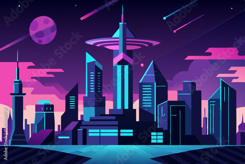 A sleek urban skyline illustration of a downtown business city at night, with illuminated skyscraper architecture reaching for the starry sky