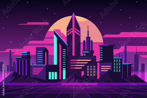 Vibrant night city skyline and sprawling urban landscape at dusk