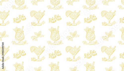 Seamless vector pattern with yellow cocktails, ice cubes, mint leaves, and citrus wedges. Bright summer drinks on white background. Yellow vector seamless pattern with cocktail drinks.