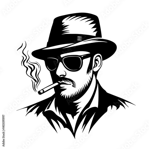 Stylish Man in Hat Smoking Cigarette Vintage Vector Illustration for Tattoo and Decor