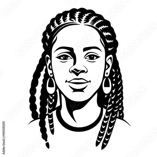 Stylized Illustration of a Confident Young Woman with Braided Hair and Large Earrings