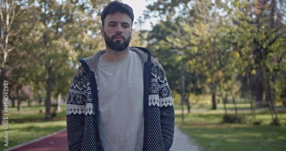 A young man walks in the park and expresses different emotions, such as boredom, anger, happiness, and surprise. A young man walks in the park and expresses different emotions, such as boredom, anger, happiness, and surprise.
