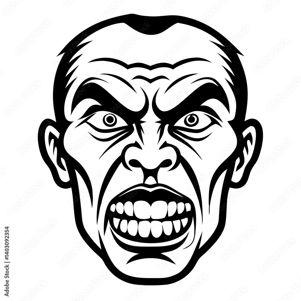 Angry Face Illustration with Exaggerated Features for Graphic Design and Tattoo Inspiration