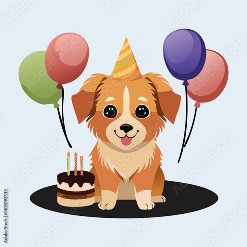 Birthday Puppy with Balloons and Cake