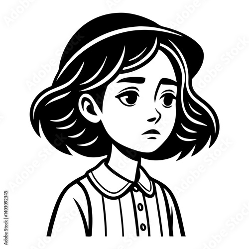 Pensive Young Girl Vector Illustration with Short Hair and Collared Shirt for Creative Projects