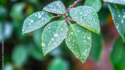 Close-up view of dew-covered young leaves glistening in soft spring light on a tree branch