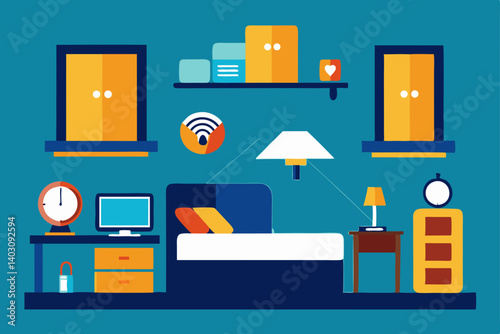 Flat vector illustration set of living room furniture and office desk icons with laptop and mobile phone symbols for web design or business infographic development
