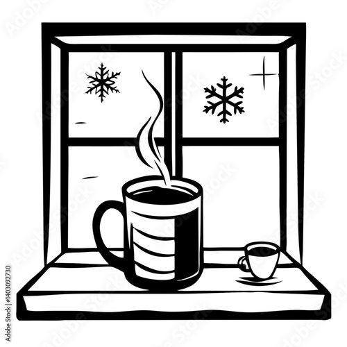 Cozy Winter Coffee Scene with Frosty Window and Steaming Mug Perfect for Home Decor and Crafts