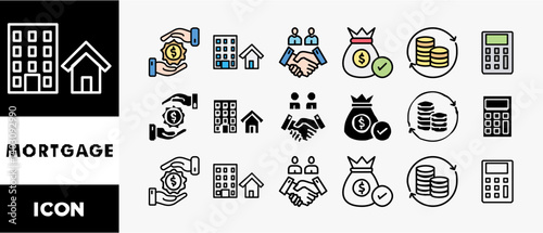 MORTGAGE icon set with various styles and colors loan, property estate, agreement, asset, repayment and calculate