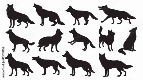 Silhouettes of wolves in various poses and movements. 