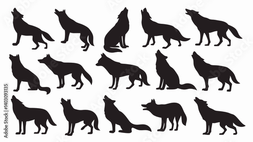 Silhouettes of wolves in various poses and movements. 