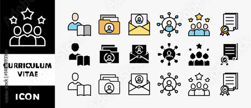 CURRICULUM VITAE icon set with various styles and colors education, personal data, cover letter, abilities, experience and qualifications