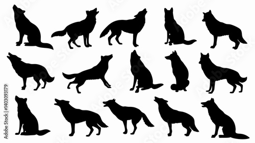 Silhouettes of wolves in various poses and movements. 