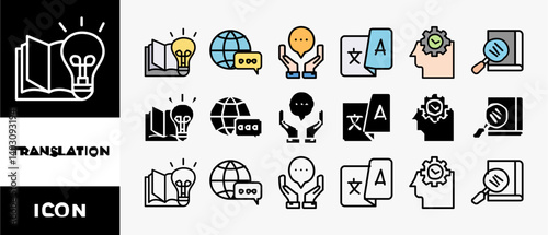 TRANSLATION icon set with various styles and colors dictionary, interpretation, translator, communication, language, and knowledge
