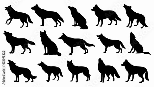 Silhouettes of wolves in various poses and movements. 