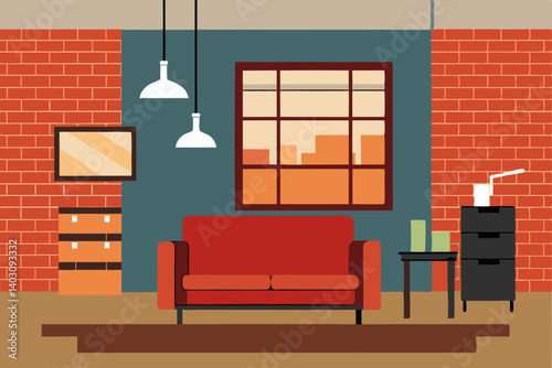 Modern living room interior with a contemporary sofa and fireplace, a comfortable home design