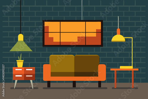 Modern living room interior design with comfortable sofa, armchairs, and light decoration