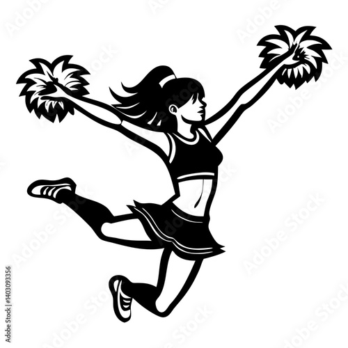 Dynamic Cheerleader Jumping with Pom Poms in Athletic Outfit for Sports and Fitness Designs