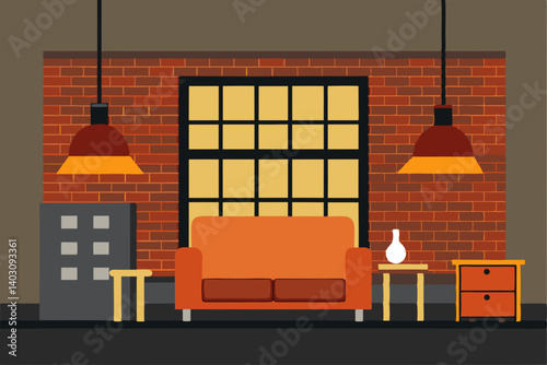 A contemporary living room interior with a fireplace, comfortable sofa, and modern furniture design