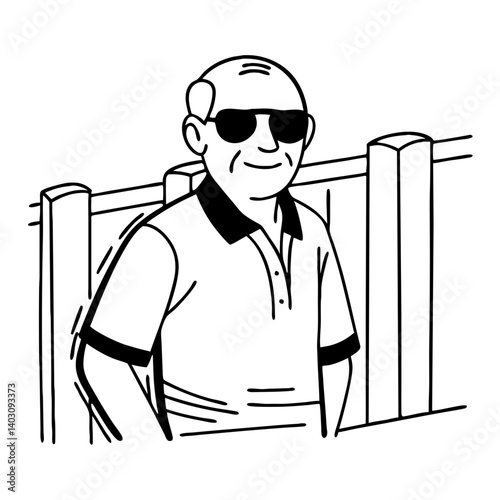 Cool Senior Man in Sunglasses Casual Style Sitting Against Wooden Fence Graphic Design