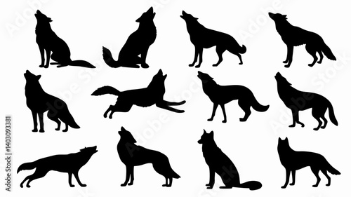 Silhouettes of wolves in various poses and movements. 