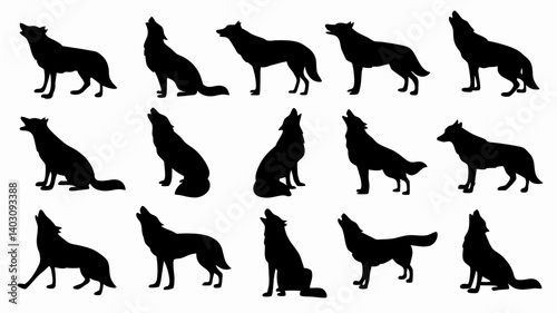 Silhouettes of wolves in various poses and movements. 