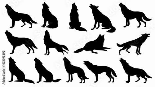 Silhouettes of wolves in various poses and movements. 