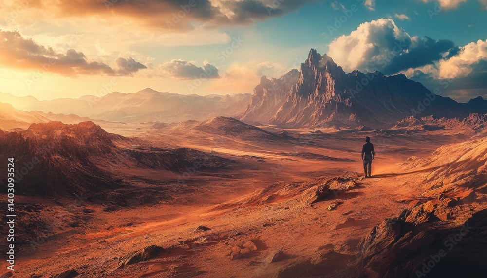 Naklejka premium Silhouette figure stands on a desert mountain range at golden hour.
