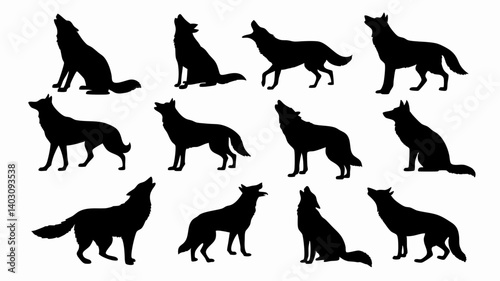 Silhouettes of wolves in various poses and movements. 