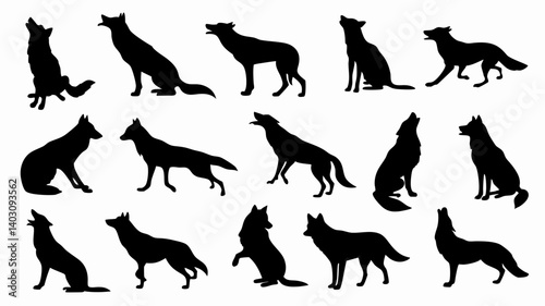 Silhouettes of wolves in various poses and movements. 