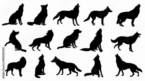 Silhouettes of wolves in various poses and movements. 