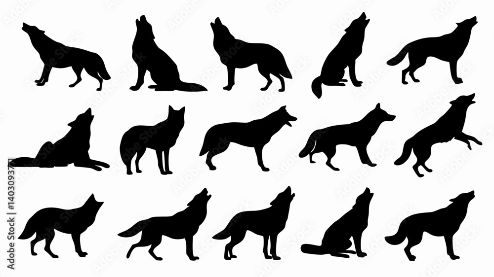 Fototapeta premium Silhouettes of wolves in various poses and movements. 