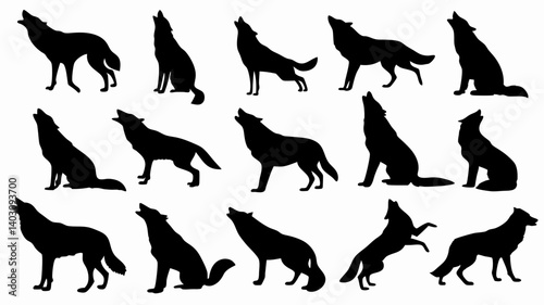 Silhouettes of wolves in various poses and movements. 
