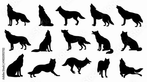 Silhouettes of wolves in various poses and movements. 