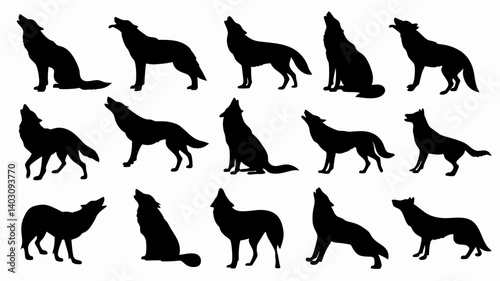 Silhouettes of wolves in various poses and movements. 