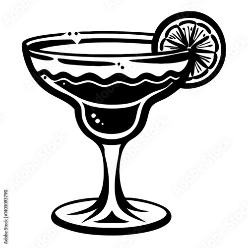 Margarita Cocktail Glass with Lime Slice Black Outline Drawing for Tattoo Design and Coloring