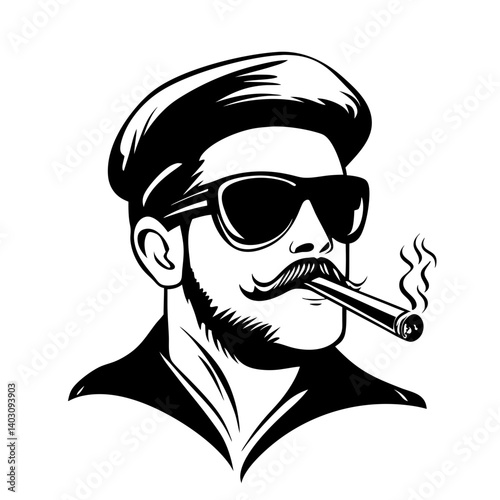 Stylish Man with Sunglasses and Cigar Vector Illustration Retro Tattoo Design