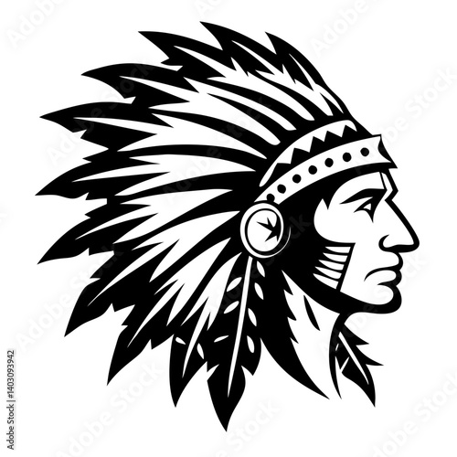 Native American Headdress Warrior Profile Illustration for Tattoo and Decorative Art