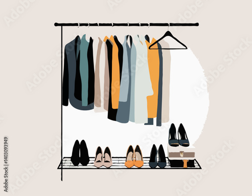 Intérieur du dressing avec chaussures, sacs et vêtements suspendus