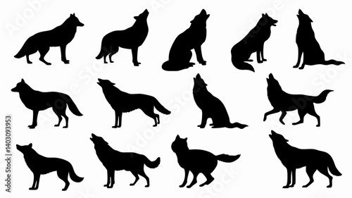Silhouettes of wolves in various poses and movements. 