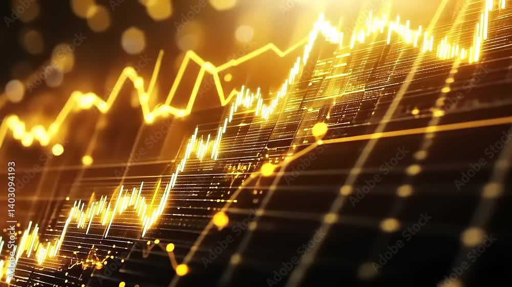 Golden financial data visualization with rising graphs and glowing particles on a dark background