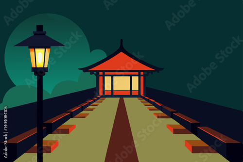 Old blue wooden house with a red roof and a white street lamp on the wall at night under the sky in Europe