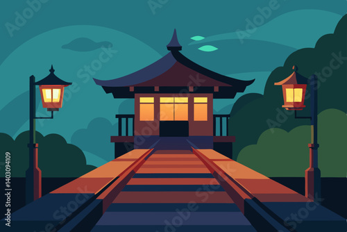 Spooky haunted house in the woods under a moonlit night sky, a creepy village illustration for Halloween